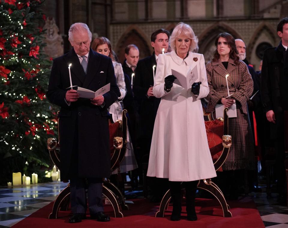 King Charles III and Camilla, Queen Consort attend the 'Together at Christmas' Carol Service at Westminster Abbey on December 15, 2022.