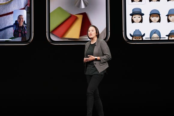 Apple executive Kaiann Drance on stage during Apple's Sept. 12 product launch event.