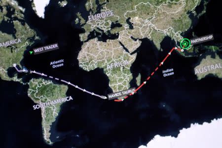 The coal bulk ships West Trader, Navios Taurus and Partnership are seen en route to China in this illustration photo of an Eikon ship-tracking screen June 21, 2018. REUTERS/Thomas White/Illustration