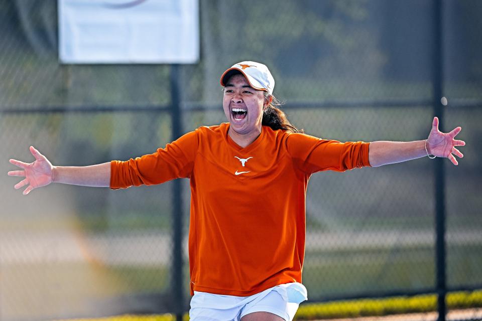 Texas tennis player Charlotte Chavatipon won points in singles and doubles play on Sunday as the Longhorns edged Georgia Tech 4-3 to advance to the third round of the NCAA team tennis tournament.