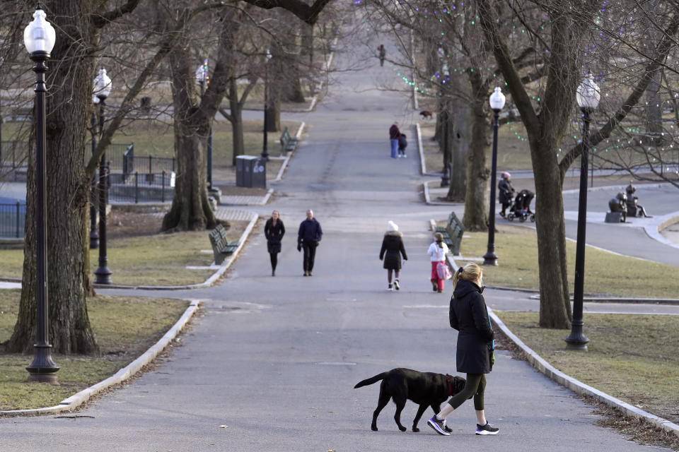 A passer-by walks their dog along a path in the Boston Common, near the Statehouse on Beacon Hill, Monday, Feb. 13, 2023, in Boston. For much of the Eastern United States, the winter of 2023 has been a bust. Snow totals are far below average from Boston to Philadelphia in 2023 and warmer temperatures have often resulted in more spring-like days than blizzard-like conditions. (AP Photo/Steven Senne, File)