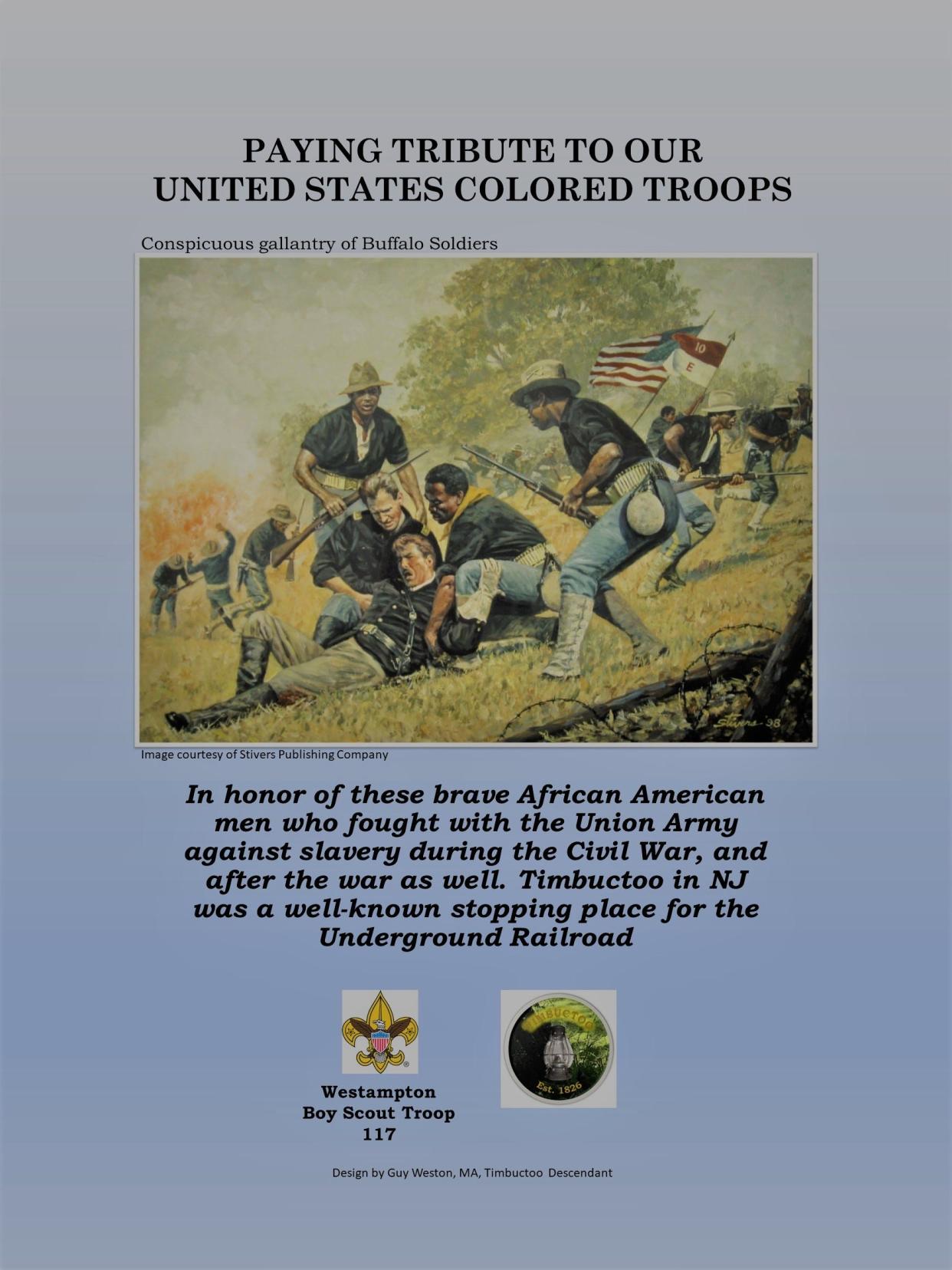 The face of a new history sign explaining the contributions of U.S. colored Troops from Westampton who fought in the Civil War and are buried in Timbuctoo cemetery there.