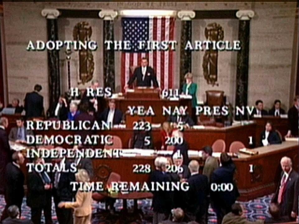 FILE - In this Dec. 19, 1998, file image from video, Speaker Pro Tempore Rep. Ray LaHood, R-Ill., prepares to announce the House vote of 228-206 to approve the first article of impeachment, accusing President Bill Clinton of committing perjury before a federal grand jury in Washington. Twenty-one years ago this Thursday, a Republican-led House voted to impeach Clinton. While that battle was bitterly partisan, it was blurrier than the clean, near party-line votes expected this week when the chamber _ now run by Democrats _ is poised to impeach President Donald Trump. (AP Photo/APTN)