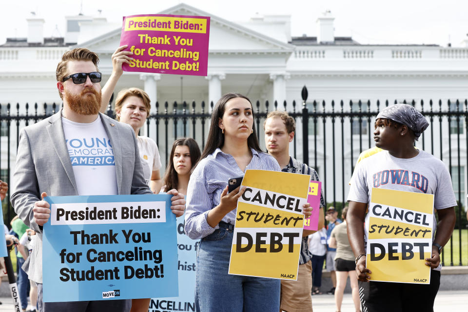 WASHINGTON, DC - AUGUST 25: Student loan borrowers stage a rally in front of The White House to celebrate President Biden cancelling student debt and to begin the fight to cancel any remaining debt on August 25, 2022 in Washington, DC. (Photo by Paul Morigi/Getty Images for We the 45m)