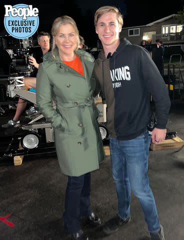 <p>Hallmark</p> Alison Sweeney and son Ben on set