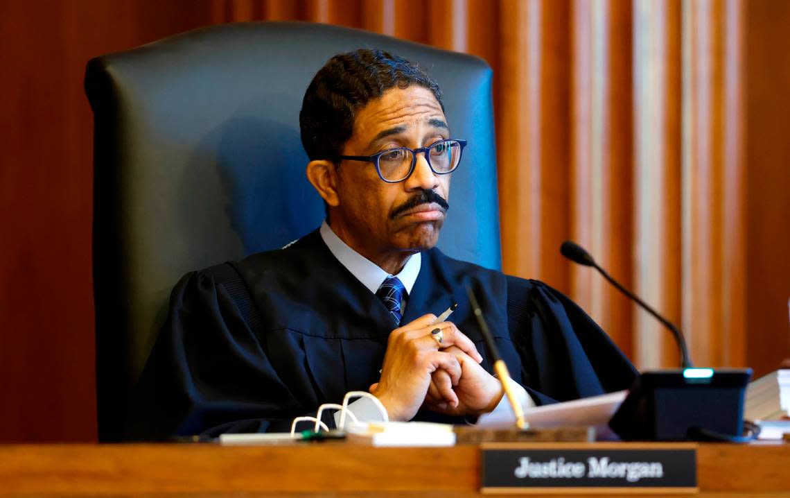 Associate Justice Michael Morgan listens during oral arguments at the Supreme Court of North Carolina in Raleigh, N.C., Monday, May 9, 2022.