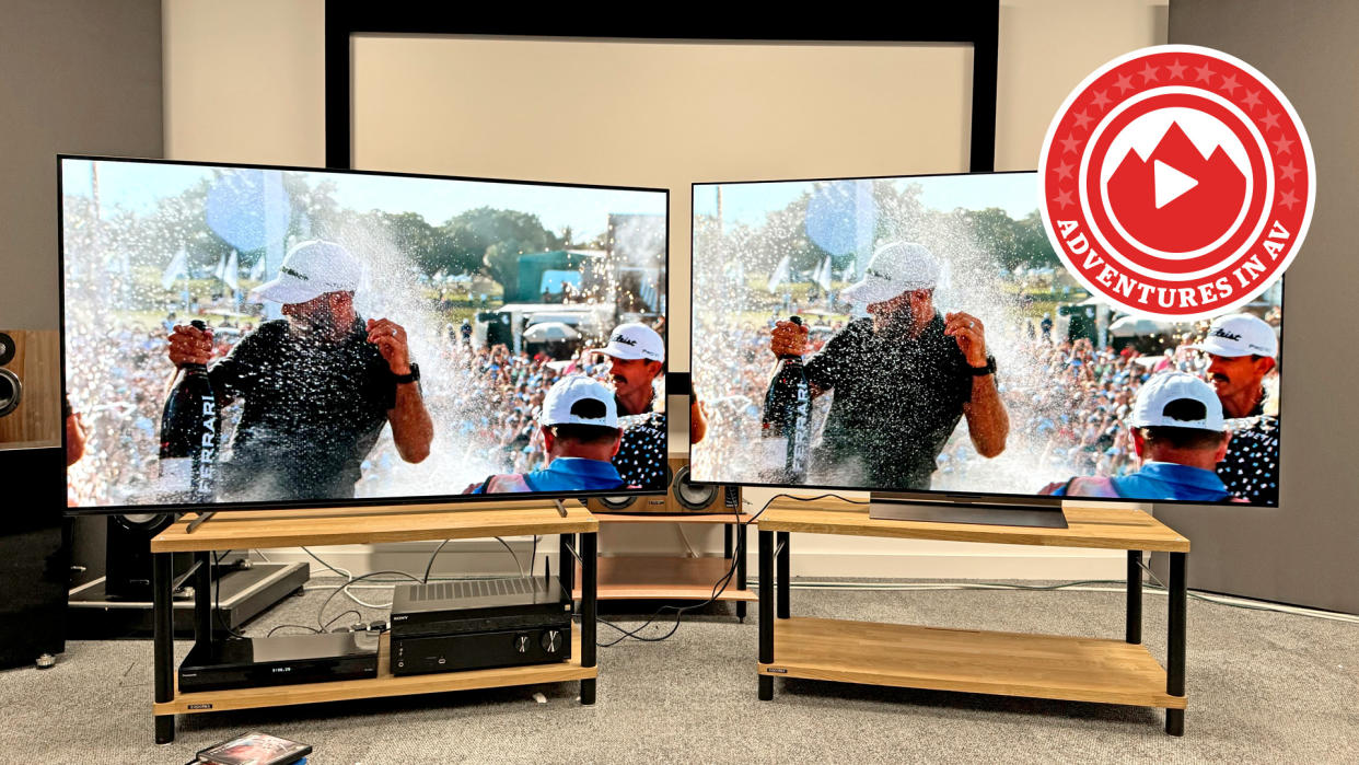  Sony A80L TV (left) LG C4 (right) with a man spraying champagne on screen. 