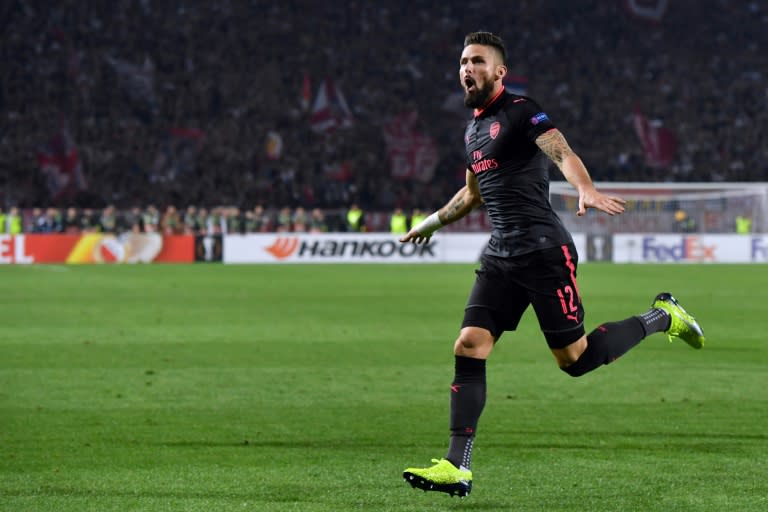 Arsenal's forward Olivier Giroud celebrates after scoring a goal during the UEFA Europa League football match against Belgrade October 19, 2017 in Belgrade