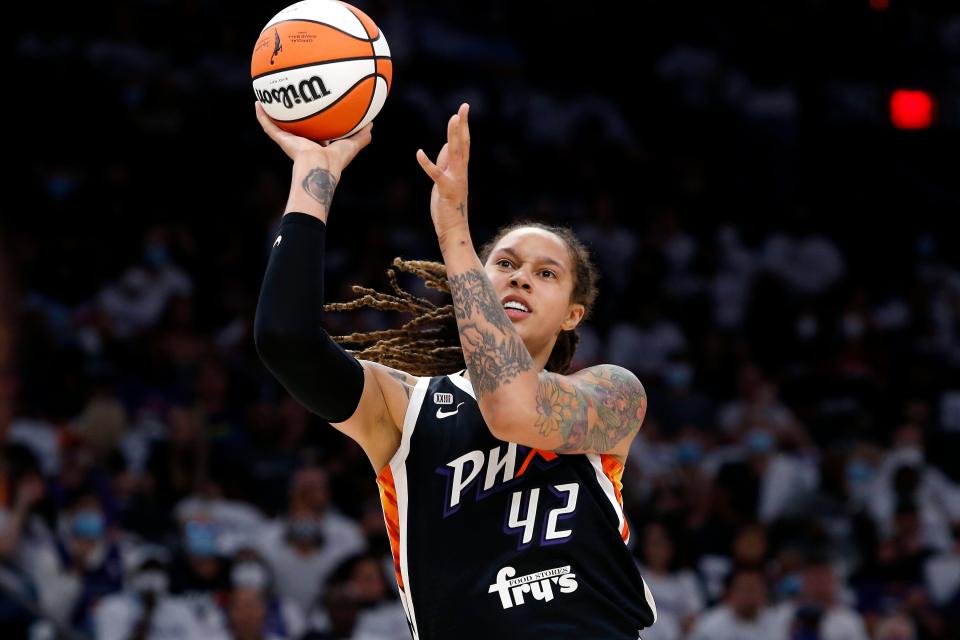 Brittney Griner, shown during Game 1 of the 2021 WNBA Finals when the Phoenix Mercury played the Chicago Sky.