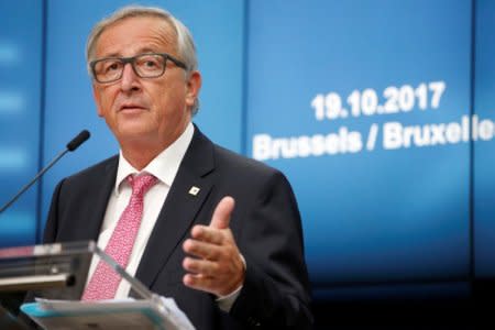 European Commission President Jean-Claude Juncker briefs the media during a European Union leaders summit meeting in Brussels, Belgium, October 19, 2017.  REUTERS/Dario Pignatelli