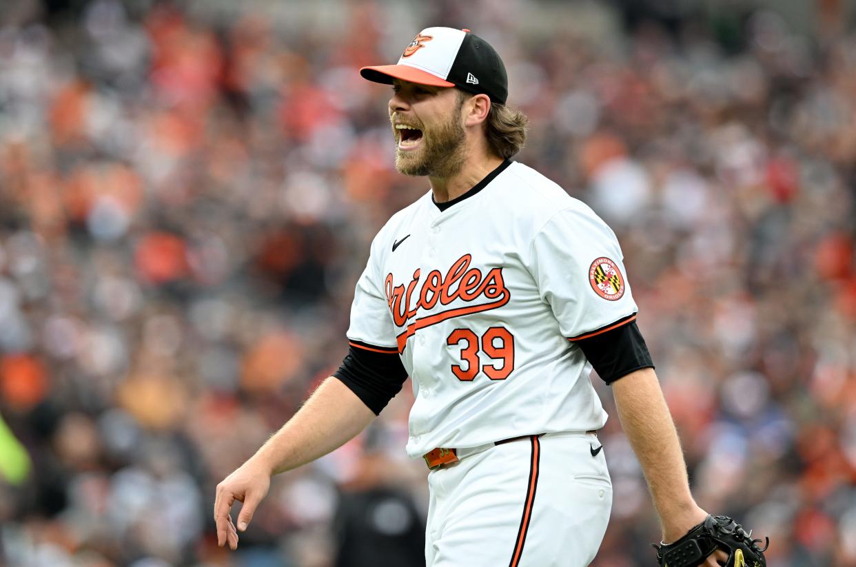 BALTIMORE, MARYLAND - MARCH 28: Corbin Burnes #39 of the Baltimore Orioles reacts after giving up a home run in the first inning against the Los Angeles Angels on Opening Day at Oriole Park at Camden Yards on March 28, 2024 in Baltimore, Maryland. (Photo by Greg Fiume/Getty Images)