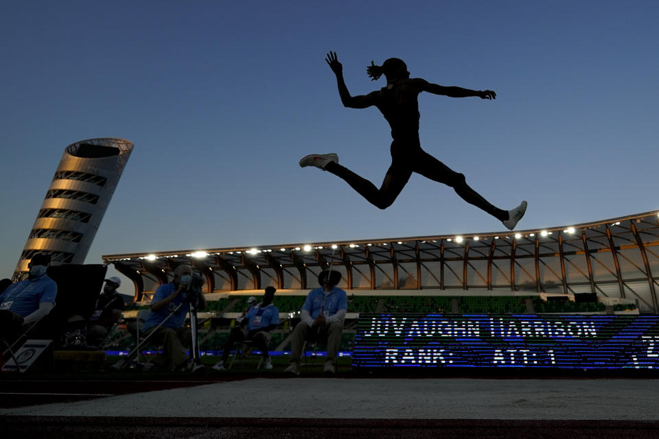 JuVaughn Harrison competes during the finals of the men's long jump at the U.S. Olympic Track and Field Trials Sunday, June 27, 2021, in Eugene, Ore. (AP Photo/Charlie Riedel)