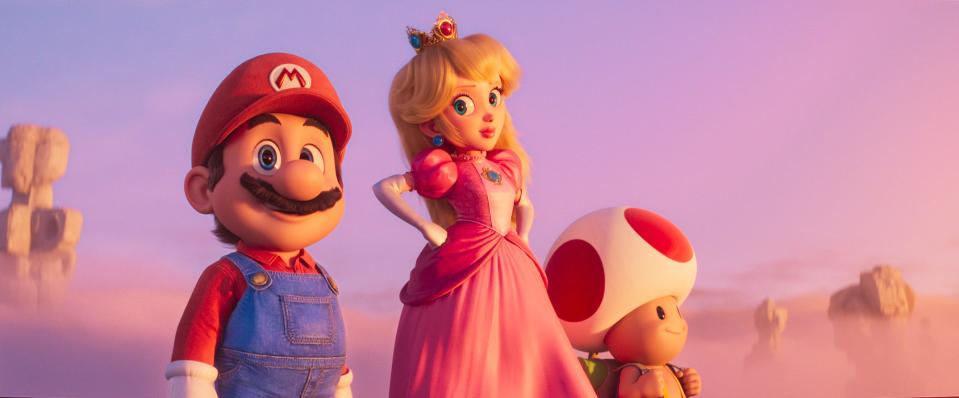 Video-game characters Mario (Chris Pratt, from left), Princess Peach (Anya Taylor-Joy) and Toad (Keegan-Michael Key) come to animated life in "The Super Mario Bros. Movie."