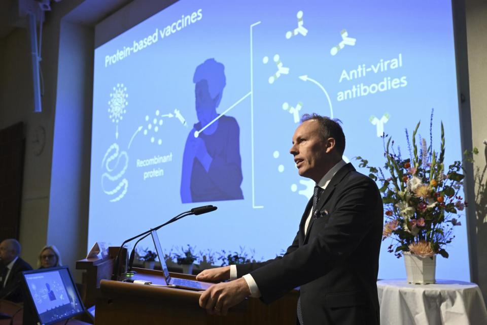 Nobel committee member Rickard Sandberg speaks during a press conference at the Karolinska Institute in Stockholm.
