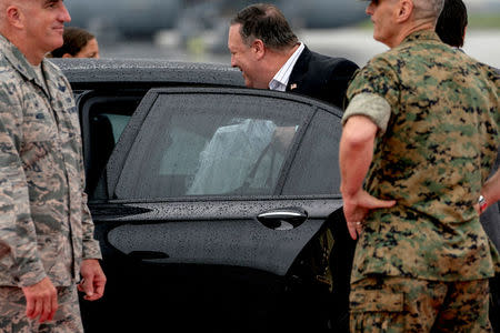 U.S. Secretary of State Mike Pompeo arrives at Yokota Air Force Base in Fussa, Japan, Friday, July 6, 2018, for a refueling stop on his way to Pyongyang, North Korea. Andrew Harnik/Pool via Reuters