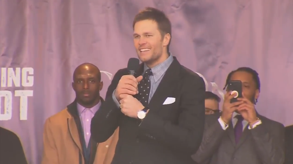 Tom Brady speaks to over 35,000 fans at Gillette Stadium at the Patriots’ pre-Super Bowl send-off rally. (Screenshot)