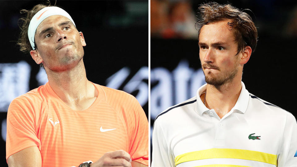 Daniil Medvedev (pictured right) throwing his racquet in frustration and Rafael Nadal (pictured left) frustrated after losing a point.