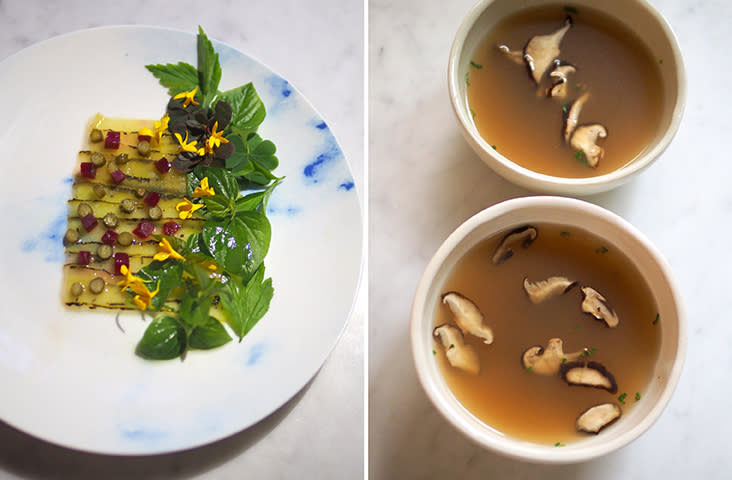 Challenge your creativity by plating your root vegetable salad with charred cucumber sheets, pickled cucumbers, brined beetroot and roasted cucumber vinaigrette (left). Nothing hits the spot like a bowl of smoked chicken broth (right)