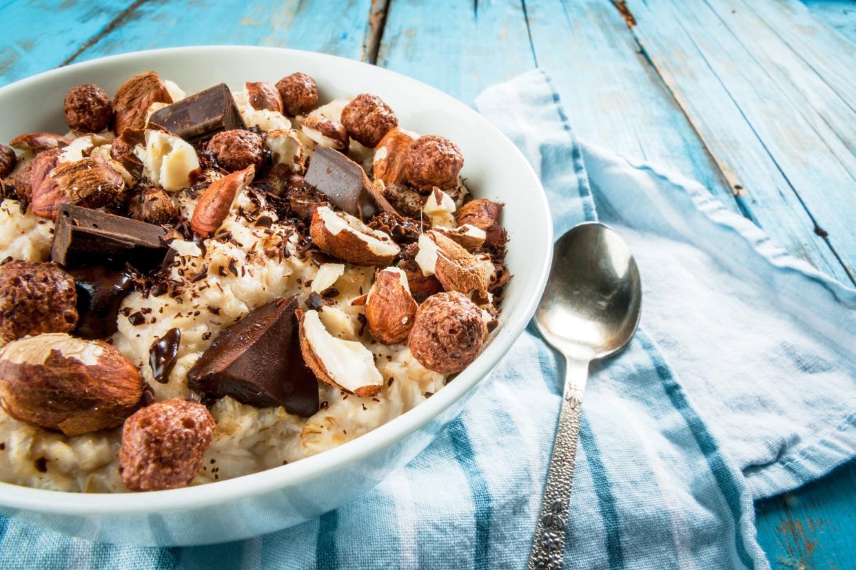 Oatmeal with Hazelnuts, Dark Chocolate and a Chocolate Corn Balls