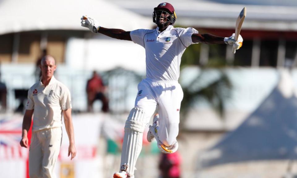 Jason Holder celebrates his double century for West Indies as they dominated England.