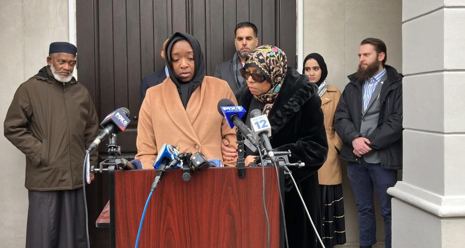 Tanasia Ransom thanked the public for their support after her father, Imam Hassan Sharif, was shot and killed. She spoke outside funeral for her father at NIA Masjid in Newark on Jan. 6, 2024.