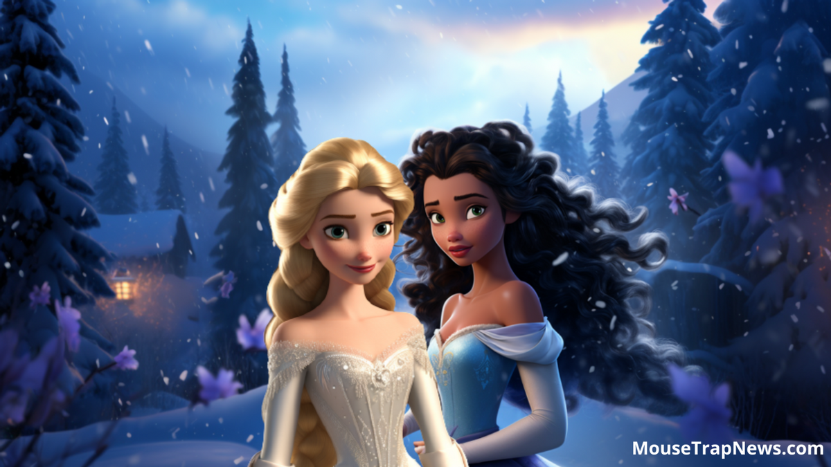 A white woman wearing a white dress stands next to a Black person wearing a blue dress. They are standing outside in the snow. Trees surround them, and you can see a cabin on the left side of the screen. 