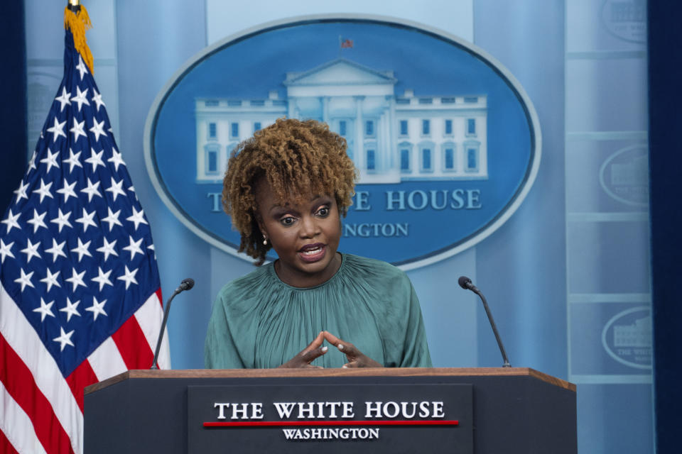 White House press secretary Karine Jean-Pierre speaks during a briefing at the White House, Tuesday, May 7, 2024, in Washington. (AP Photo/Evan Vucci)