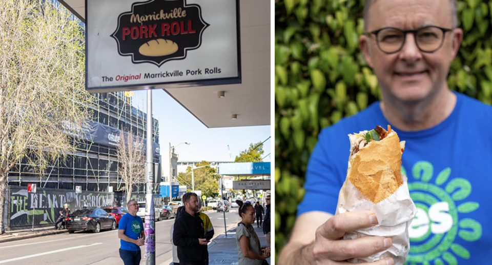 PM Anthony Albanese is seen waiting outside Marrickville Pork Roll, and holding a bahn mi.
