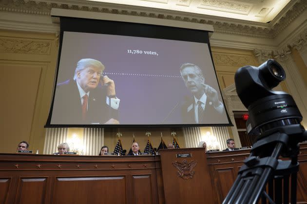 A transcript of a phone call between former President Donald Trump and Brad Raffensperger, Georgia secretary of state, appears on a screen during a hearing on the Jan. 6 investigation on June 21, 2022, in Washington, D.C.