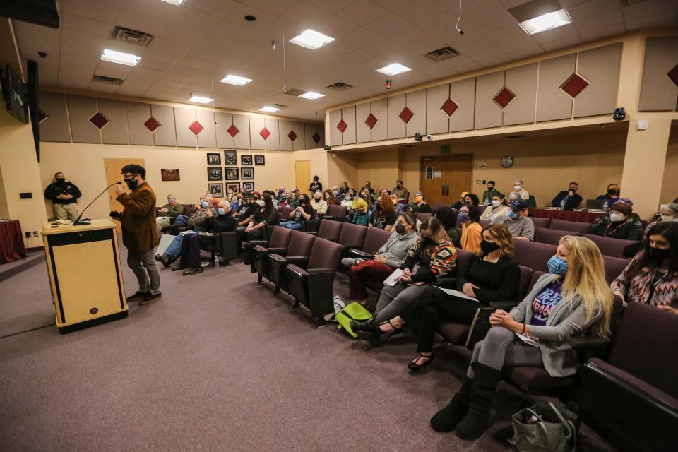 Lucas Herndon speaks in favor of the gender inclusion policy at the Las Cruces school board meeting. Herndon said his middle-school-age daughter has seen transphobia at school.