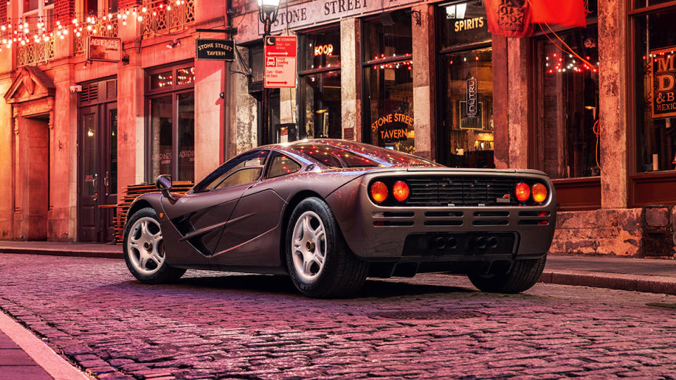 A rear 3/4 view of the 1995 McLaren F1