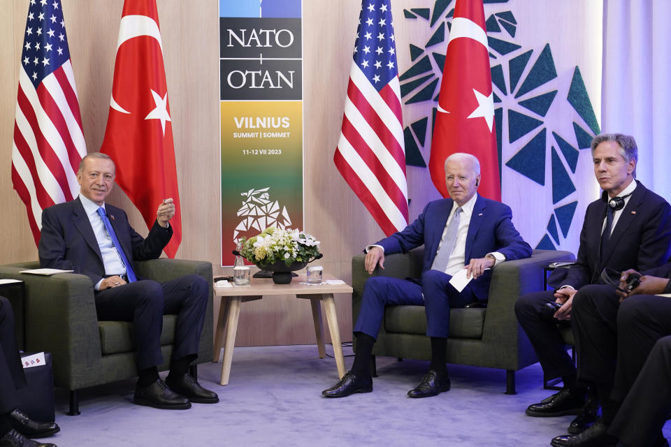 President Joe Biden and Turkey's President Recep Tayyip Erdogan meet on the sidelines of the NATO summit in Vilnius, Lithuania, Tuesday, July 11, 2023. Secretary of State Antony Blinken is right. (AP Photo/Susan Walsh)