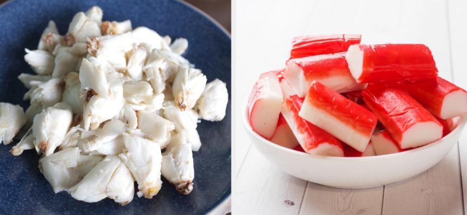 Left: Steamed crab meat from blue crab Right: Salad crab sticks in a plate on a white table