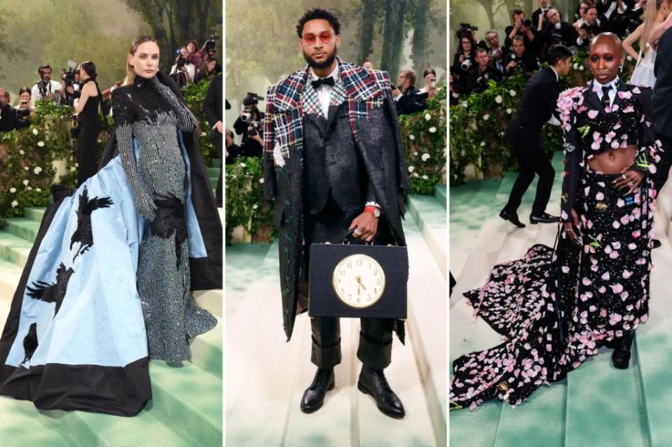 From left: Rebecca Ferguson soars, Ben Simmons keeps time and Cynthia Erivo mixes flower-dressing with power-dressing in three Thom Browne looks from the 2024 Met Gala. Images: Getty