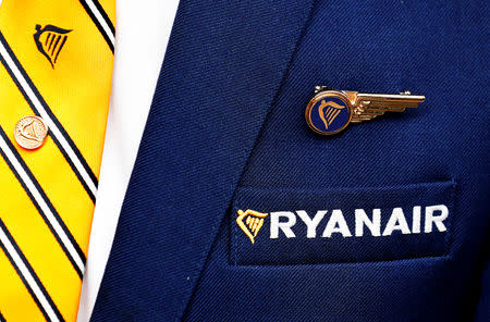 FILE PHOTO: Ryanair logo is pictured on the the jacket of a cabin crew member ahead of a news conference by Ryanair union representatives in Brussels, Belgium September 13, 2018. REUTERS/Francois Lenoir/File Photo