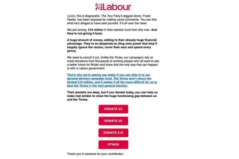 The letter calls for donations to close the ‘huge fundraising gap’ between Labour and the Tories (Independent)