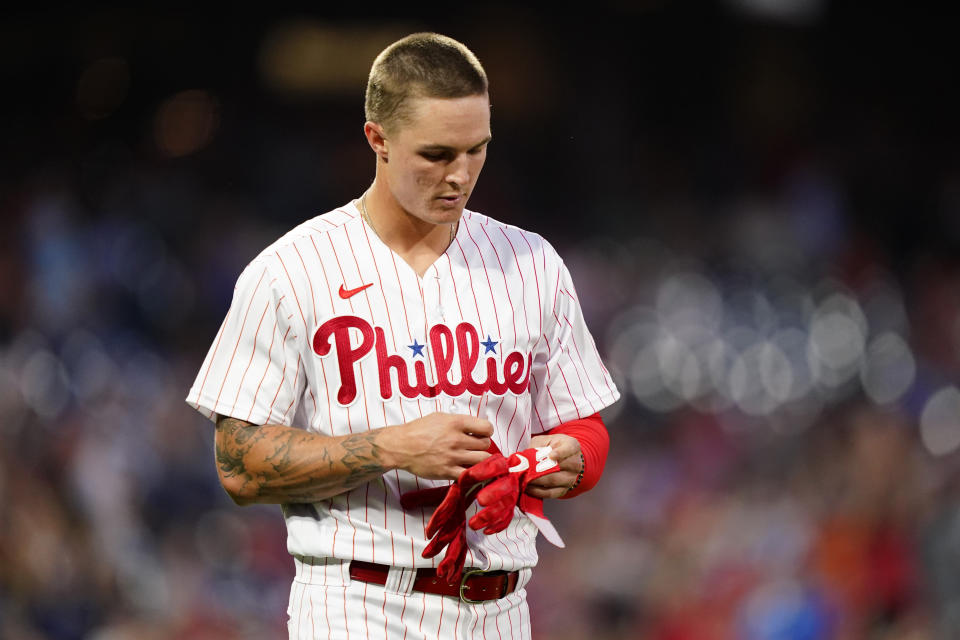 Philadelphia Phillies' Mickey Moniak reacts after striking out against Atlanta Braves pitcher Charlie Morton during the fourth inning of a baseball game, Tuesday, June 28, 2022, in Philadelphia. (AP Photo/Matt Slocum)