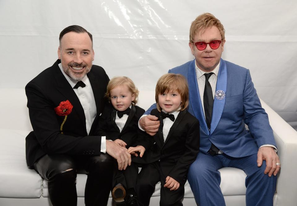 Elton John and David Furnish With Their Sons at the 23rd Annual AIDS Foundation Academy Awards Viewing Party