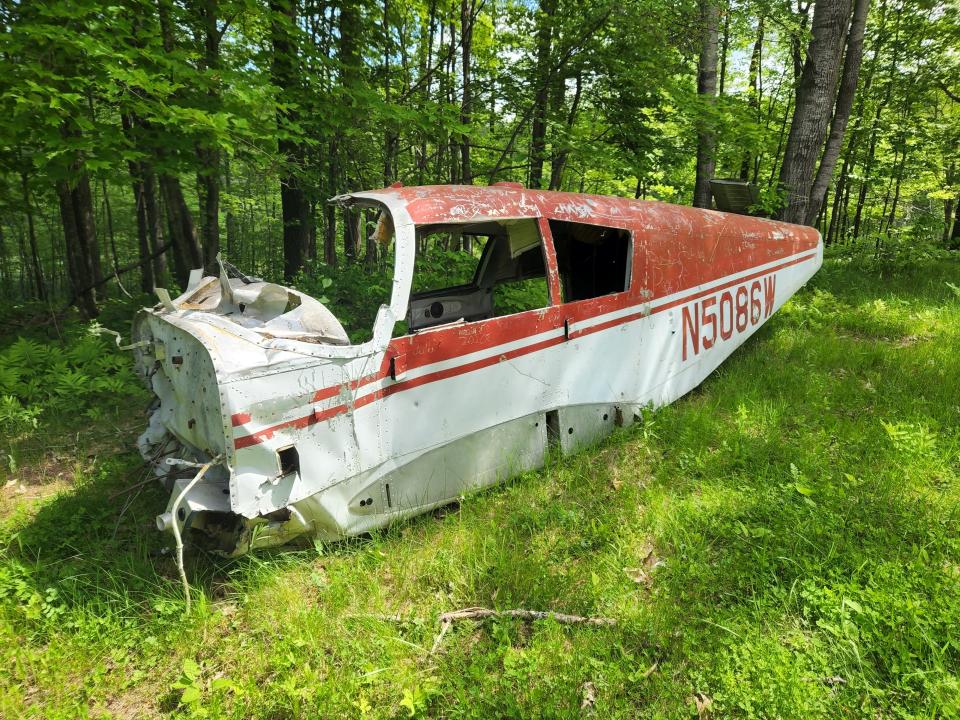 The fuselage of an old Cherokee airplane sits along the Bear Lake segment of the Ice Age Trail in Barron County.