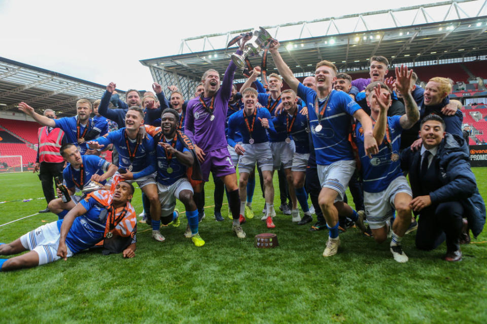 Hartlepool United celebrate at Ashton Gate