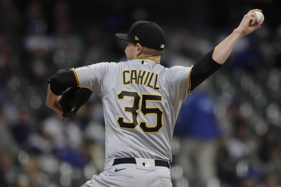 Pittsburgh Pirates' Trevor Cahill pitches during the first inning of a baseball game against the Milwaukee Brewers, Saturday, April 17, 2021, in Milwaukee. (AP Photo/Aaron Gash)