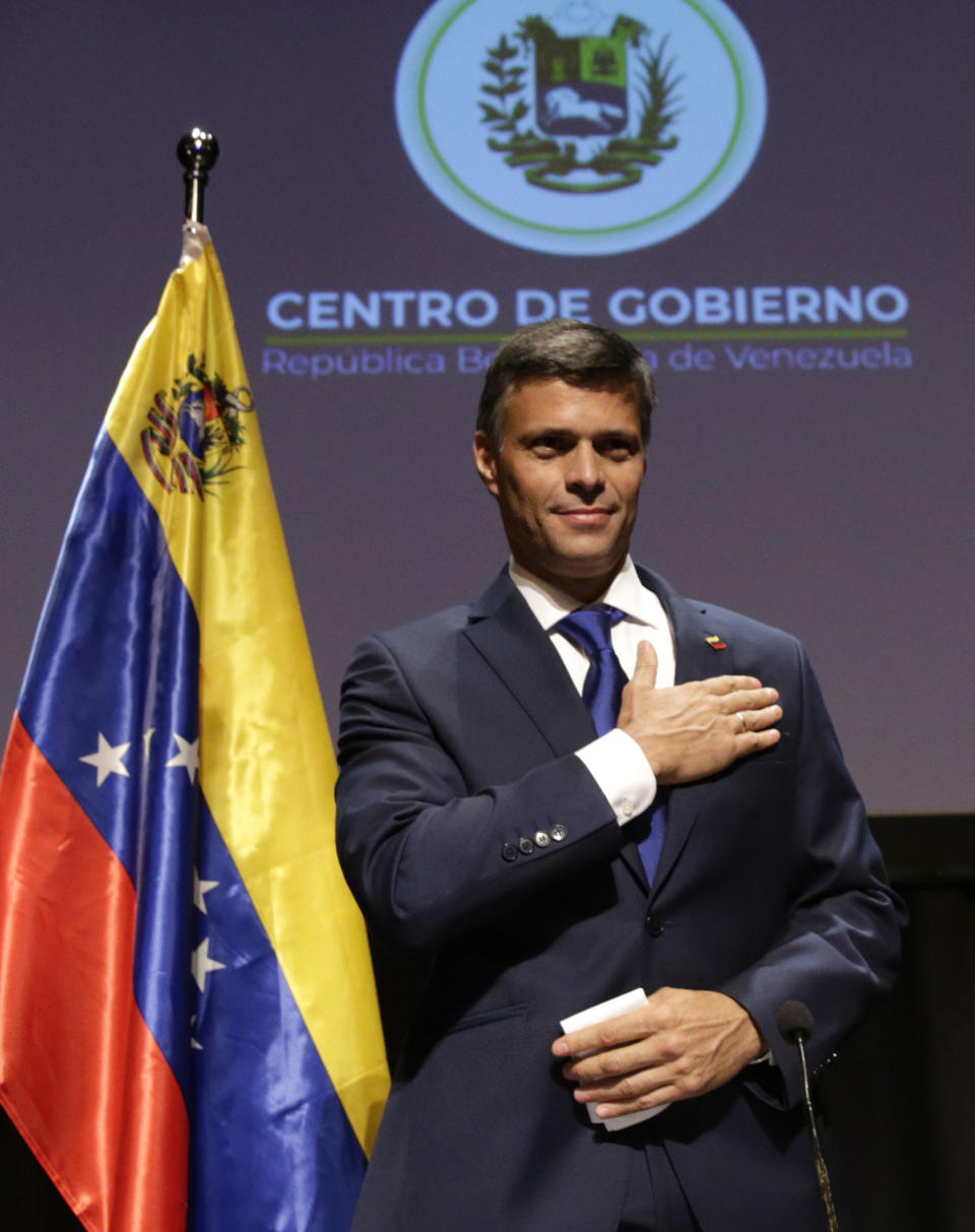 Venezuelan opposition leader Leopoldo Lopez reacts after a news conference in Madrid on Tuesday, Oct. 27, 2020. Prominent opposition activist Leopoldo López who has abandoned the Spanish ambassador's residence in Caracas and left Venezuela after years of frustrated efforts to oust the nation's socialist president is holding a news conference in Madrid. (AP Photo/Andrea Comas)