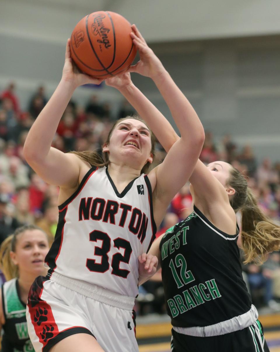 Norton's Morgan Hallett puts up a shot vs. West Branch in a 2022 regional semifinal.