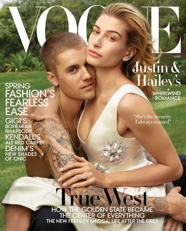 Justin and Hailey Bieber on the March 2019 cover of "Vogue." Photo: Annie Leibovitz