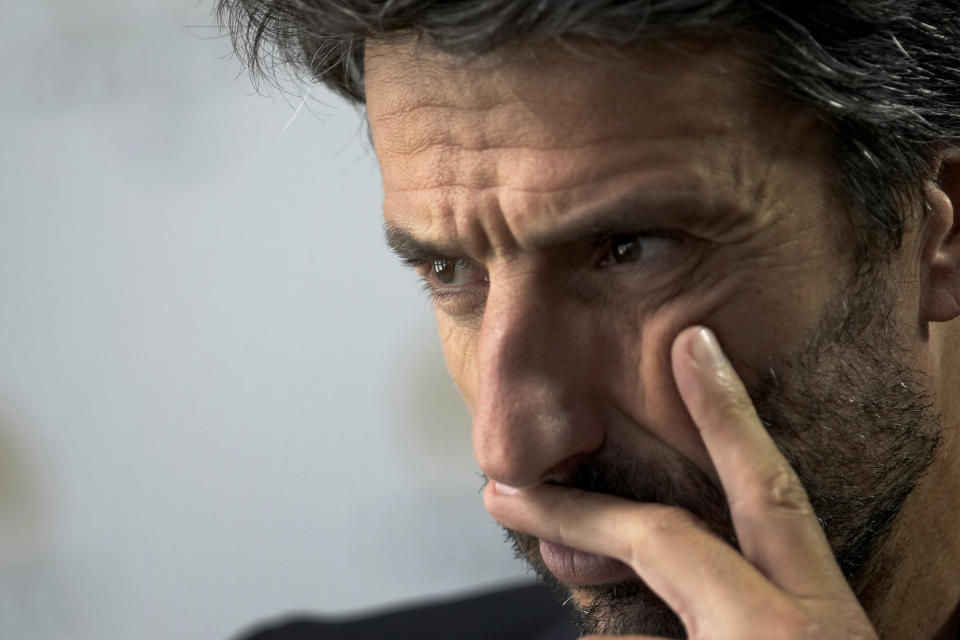 Paris 2024 Olympics Organizing Committee President Tony Estanguet pauses during an interview with the Associated Press at the headquarters of Paris 2024 in Saint-Denis, outside Paris, France, Tuesday, June 27, 2023. Estanguet who won gold medals for canoeing in the 2000, 2004 and 2012 Olympic Games is now the face and chief organizer of the 2024 Paris Games. In a wide-ranging interview with The Associated Press, Estanguet talks about the two French police probes into Olympic-related contracts, and insists they bear no comparison with corruption and ethics scandals that have dogged the Olympic movement and its flagship money-spinning event for decades. (AP Photo/Christophe Ena)