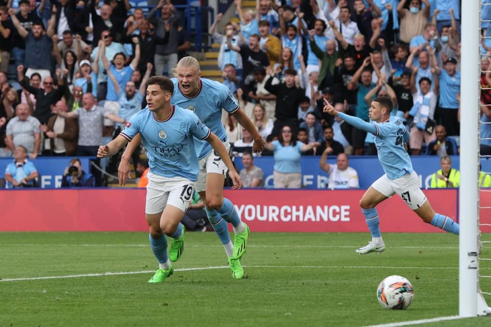 Argentinian striker Julian Alvarez (19) drew Man City level with his first goal for the club (AFP/Getty)