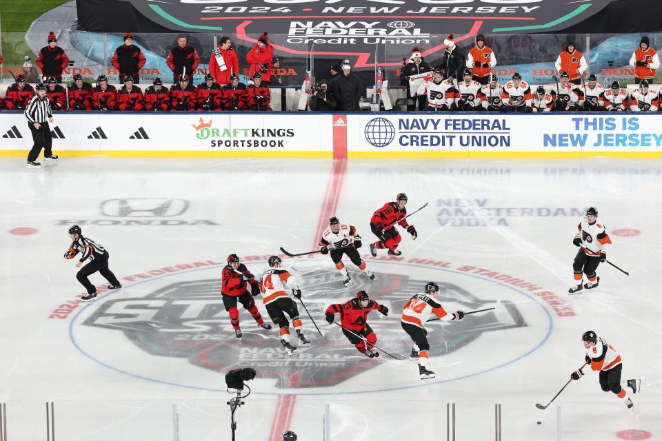 The face off to start the third period between the New Jersey Devils and the Philadelphia Flyers Feb. 17 at MetLife Stadium.