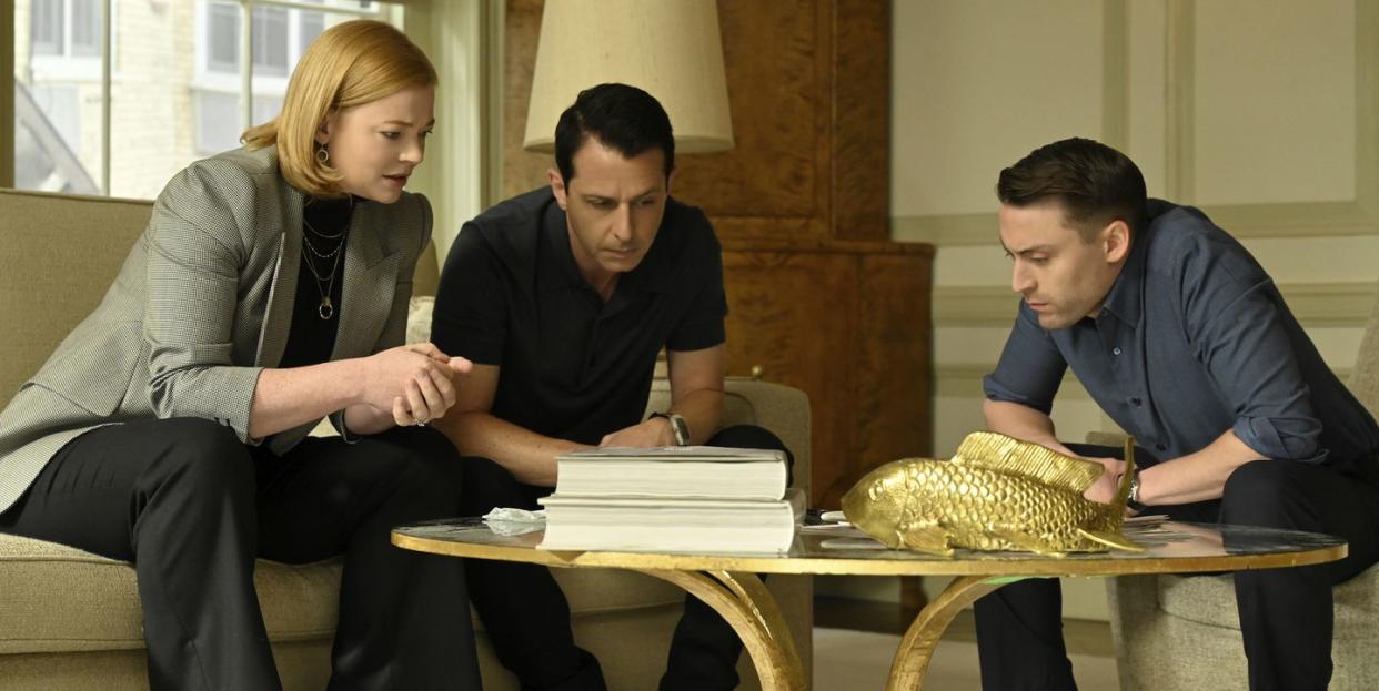 a photo from the production of episode 404 of “succession” featuring sarah snook, jeremy strong, and kieran culkin
