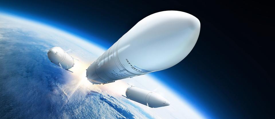 Artist's depiction of Ariane 6 rocket dropping boosters