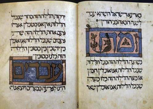 <span class="caption">The Four Questions (Ma Nishtana) from the Sarajevo Haggadah, c.1350.</span> <span class="attribution"><a class="link " href="https://commons.wikimedia.org/wiki/File:Sarajevo_Haggadah_Ma_Nishtana.jpg" rel="nofollow noopener" target="_blank" data-ylk="slk:Wikimedia Commons;elm:context_link;itc:0;sec:content-canvas">Wikimedia Commons</a></span>